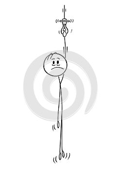 Cartoon of Man Hanging on the Light Bulb of Pendant Light