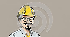 Cartoon man in hard hat and glasses with a big smile