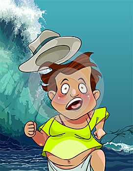 Cartoon man with a hat runs from the giant tsunami waves
