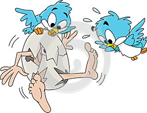Cartoon man hatching from an egg with surprised blue birds around vector