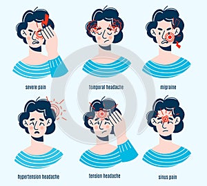 Cartoon man headache types. Head areas with red marks, guy suffering from migraines. Different types, tension and