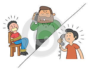 Cartoon man held hostage and ransom demanded by phone, vector illustration