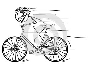 Cartoon of Man With Helmet Riding Fast on Bicycle