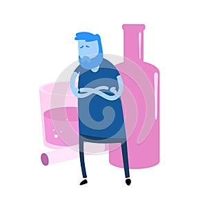 Cartoon man with his arms crossed in front of alcohol and cigarette. Flat design icon. Colorful flat vector illustration