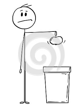 Cartoon of Man Holding an Apple and Ready to Throw it in Waste Bin