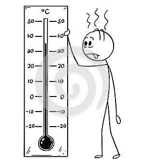 Cartoon of Man Holding Celsius Thermometer Showing Hot Weather or Heat