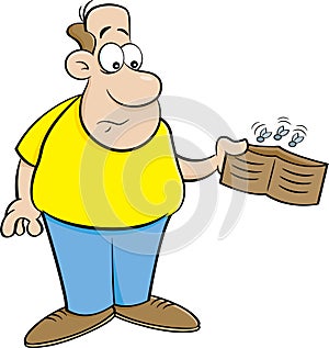 Cartoon man holding an empty wallet. photo