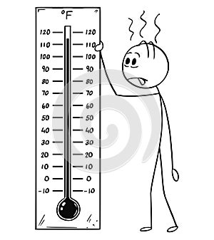 Cartoon of Man Holding Fahrenheit Thermometer Showing Hot Weather or Heat