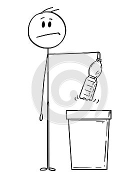 Cartoon of Man Holding an Plastic PET Bottle Ready to Throw it in Waste Bin