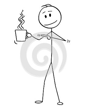 Cartoon of Man Holding and Pointing at Cup of Hot Beverage, Coffee or Tea