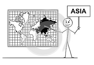 Cartoon of Man Holding a Sign and Pointing at Asia Continent on Wall World Map