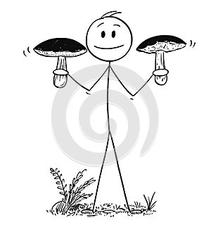 Cartoon of Man Holding Two Big Eatable Boletus Mushrooms