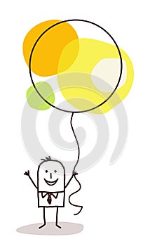 Cartoon man holding up a big celebration balloon