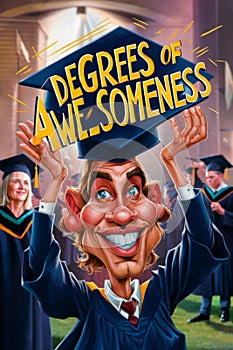 A cartoon of a man holding up his cap with the words degrees of awesomeness, AI photo