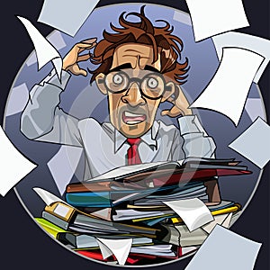 Cartoon man is hysterical with folders of papers