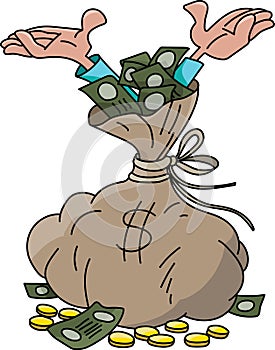 Cartoon man inside a sack full of money raising his hands happily vector