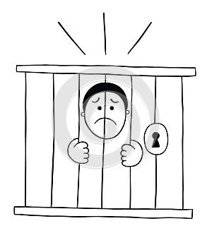 Cartoon man is in jail and very sad, vector illustration