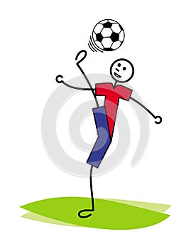 A cartoon man juggles a soccer / football ball, beats his head back. Vector drawing.