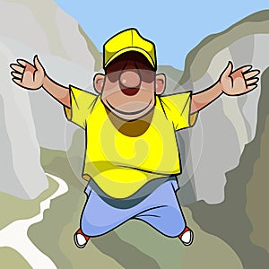 Cartoon man in a jump with his arms outstretched to the sides against a background of mountains