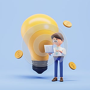 Cartoon man with laptop, lightbulb and coins