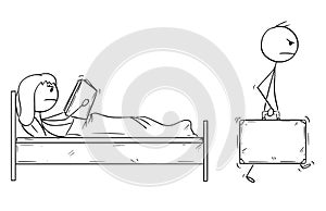 Cartoon of Man Leaving Home and Wife With Suitcase While Woman is Reading Book in Bed