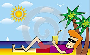 A cartoon man lies on the beach by the sea under the palm trees. Vector picture.
