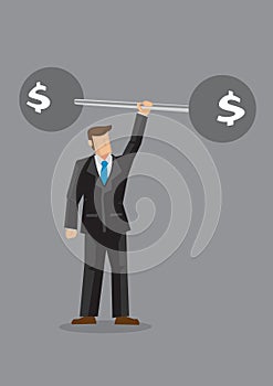 Cartoon man lifts barbell with money sign