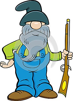 Cartoon man with a long beard holding a musket.