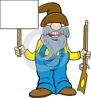 Cartoon man with a long beard holding a musket and a sign.