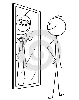 Cartoon of Man Looking at Himself in the Mirror but Seeing Woman Inside photo