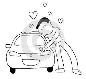 Cartoon man loves his car and hugs and kisses, vector illustration