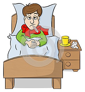 Cartoon man lying in bed with fever photo