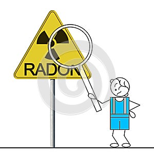 Cartoon Man with magnifying glass and sign indicating to be careful of the presence of dangerous radon gas