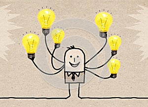Cartoon Man with many Arms, holding many Light bulbs