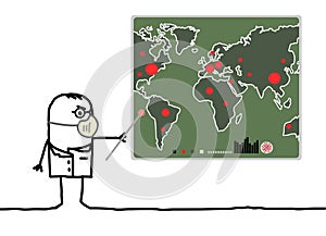 Cartoon man with mask showing a world map with viral epidemic points