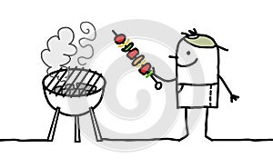 Cartoon Man with Meat Brochette and Barbecue