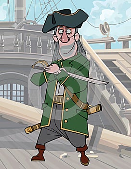 Cartoon man in medieval clothes with hat and saber on a dilapidated ship