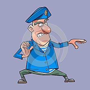 Cartoon man in military uniform stands in the fighting stance