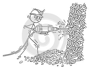 Cartoon of Man Mining Cryptocurrency by Pneumatic Drill