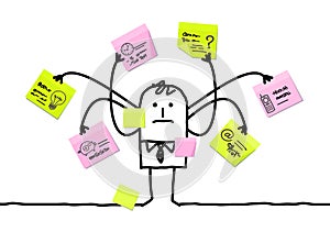 Cartoon Man Multitasking with Sticky Notes