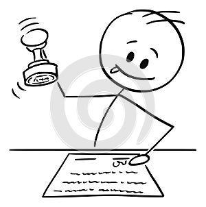 Cartoon of Man, Notary or White Collar Worker Stamping a Document with Rubber Stamp