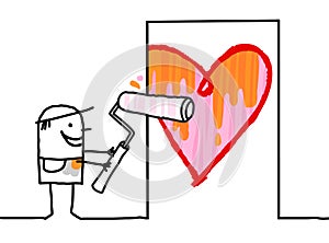 Cartoon Man Painting a big Heart on Door