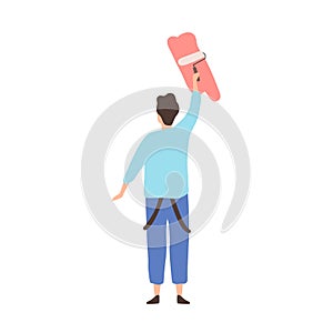 Cartoon man painting on wall holding paint roller isolated on white background. Male professional painter depict