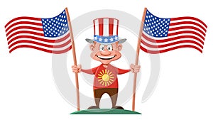 Cartoon man in the patriotic hat holding two American flags.