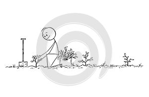 Cartoon of Man Planting a Small Trees, Creating Forest for Future, Nature, Environmental and Ecology Concept