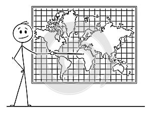 Cartoon of Man Pointing at Africa Continent on Wall World Map