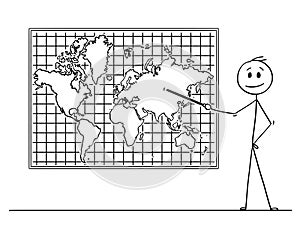 Cartoon of Man Pointing at Asia Continent on Wall World Map