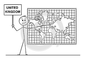 Cartoon of Man Pointing at England or Great Britain or United Kingdom on Wall World Map
