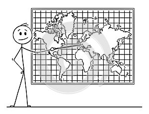 Cartoon of Man Pointing at Europe Continent on Wall World Map