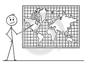 Cartoon of Man Pointing at North America Continent on Wall World Map